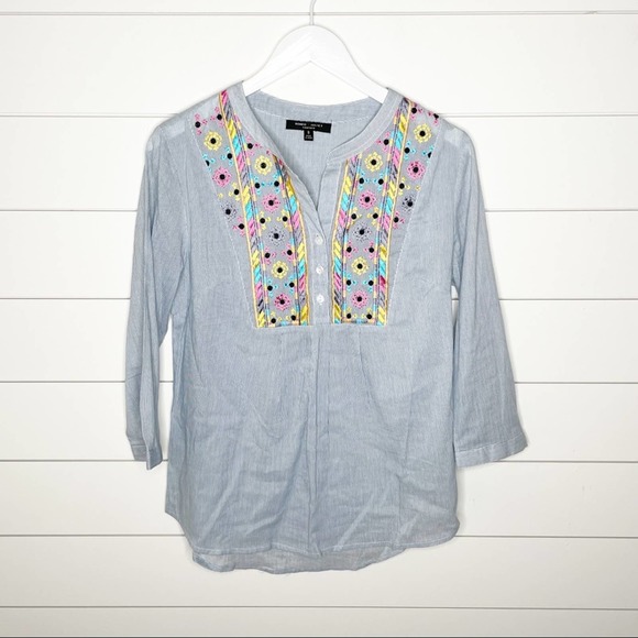 Romeo & Juliet Couture Tops - Romeo + Juliet Couture Striped Floral Embroidered Cotton Popover Top Blue Small